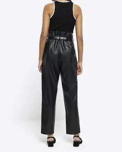 Black faux leather paperbag trousers
