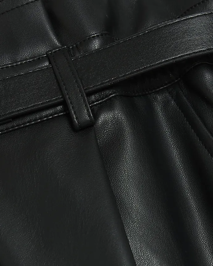 Black faux leather paperbag trousers