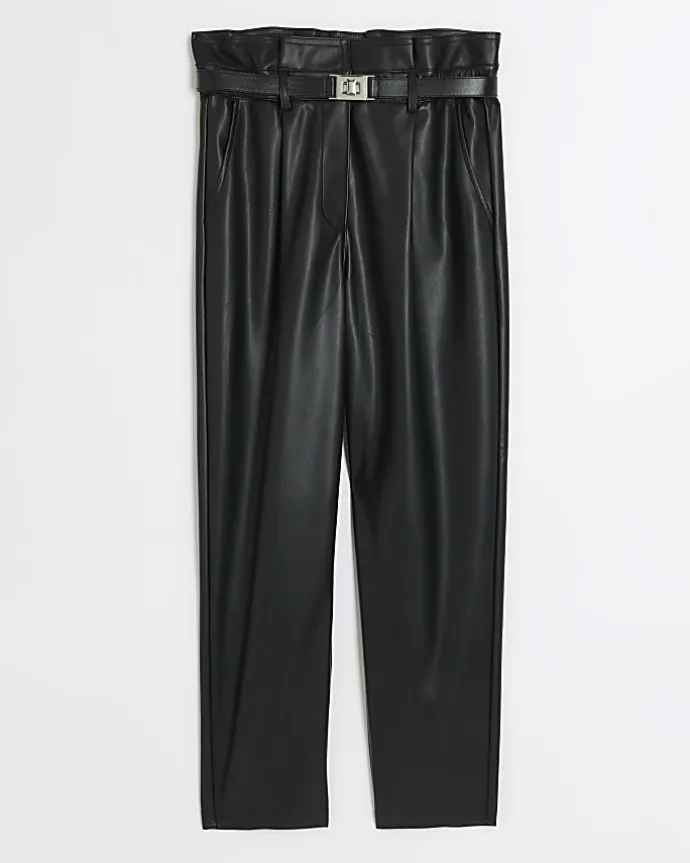 Black faux leather paperbag trousers