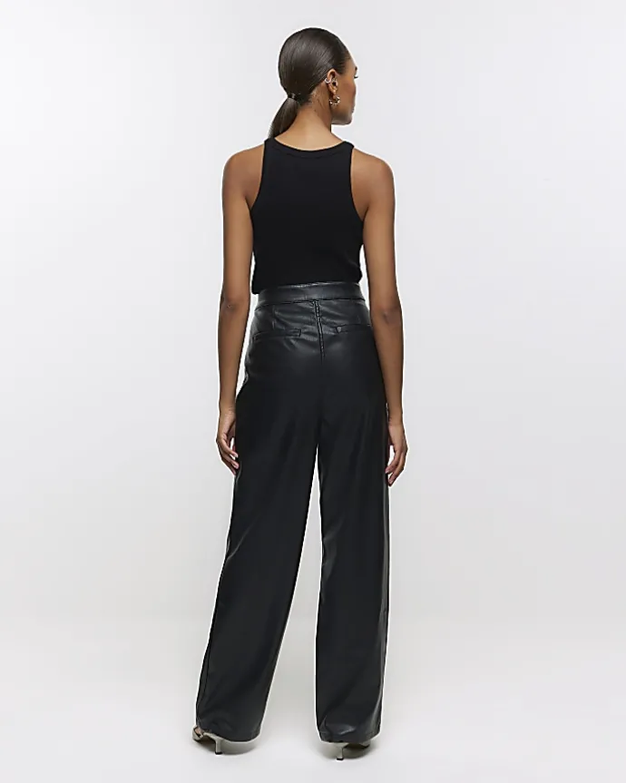Black faux leather straight leg trousers