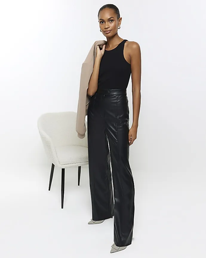 Black faux leather straight leg trousers
