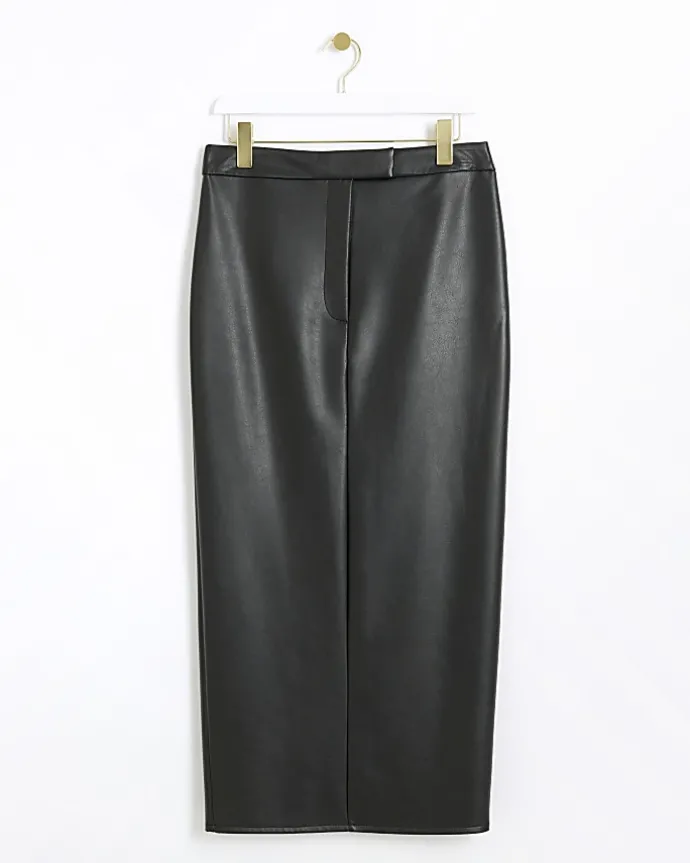 Black faux leather tailored maxi skirt