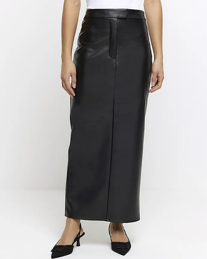 Black faux leather tailored maxi skirt