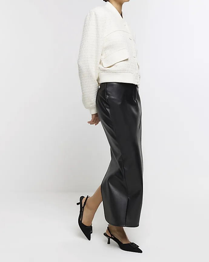 Black faux leather tailored maxi skirt