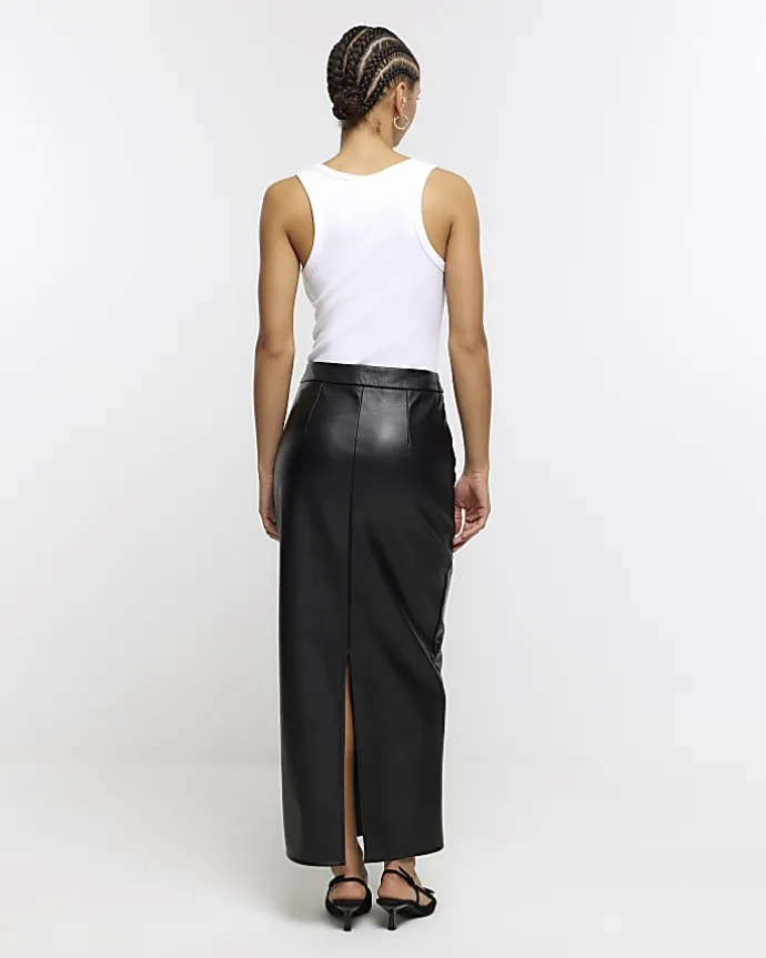 Black faux leather tailored maxi skirt