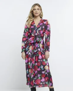 Black floral long sleeve midi dress