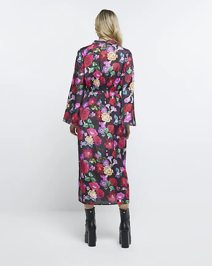 Black floral long sleeve midi dress