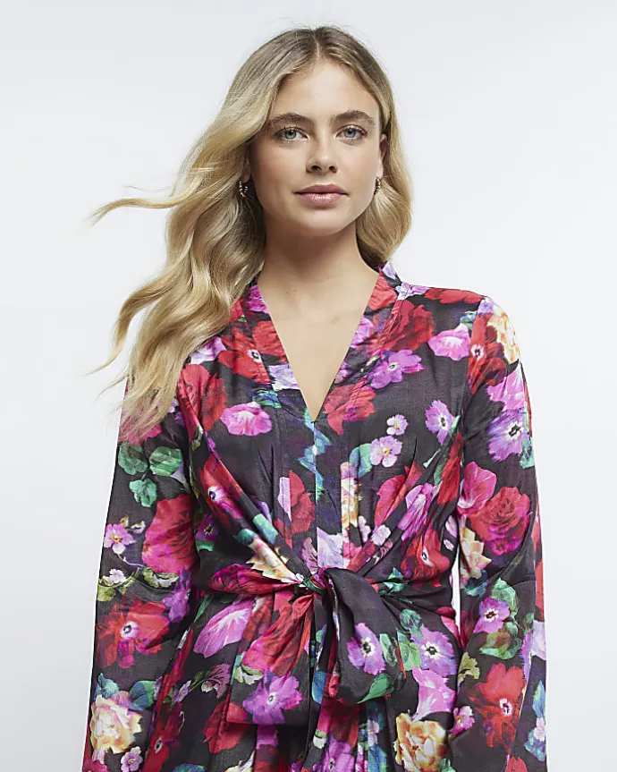 Black floral long sleeve midi dress