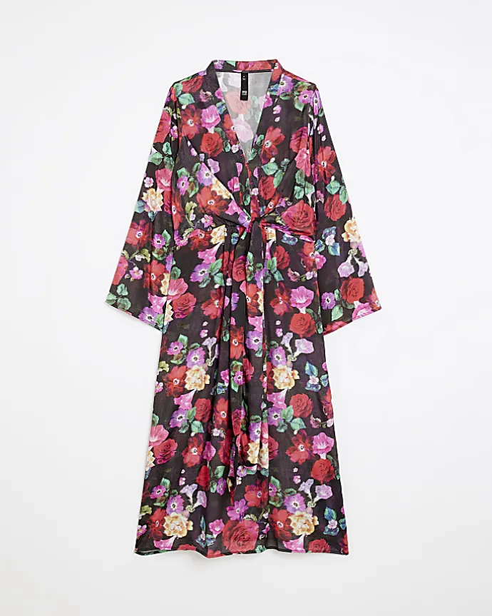 Black floral long sleeve midi dress