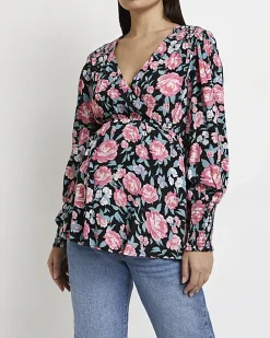 Black floral maternity wrap top