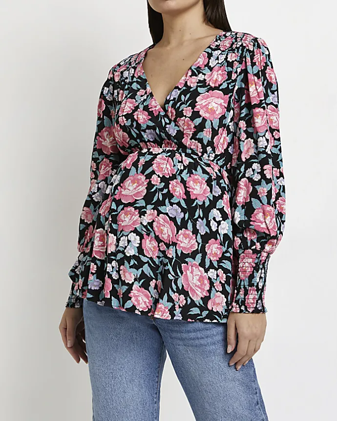 Black floral maternity wrap top