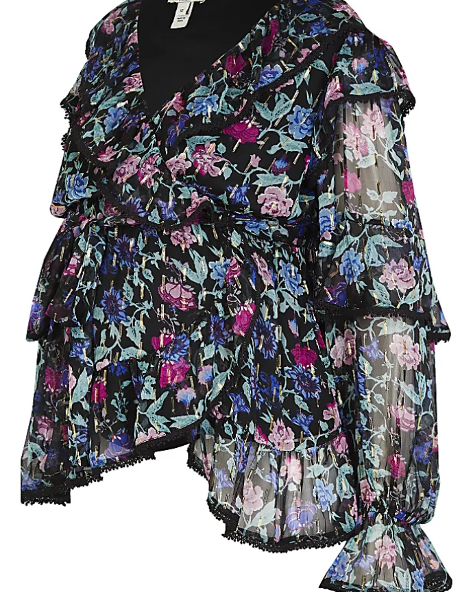 Black floral print maternity blouse