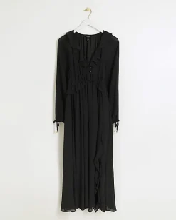 Black frill plisse sleeve swing midi dress