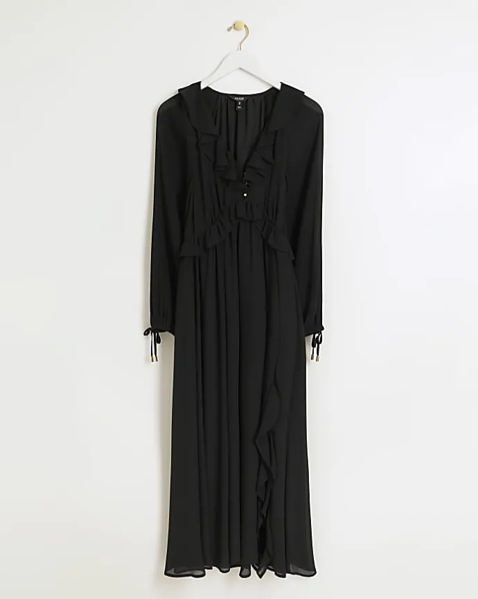 Black frill plisse sleeve swing midi dress