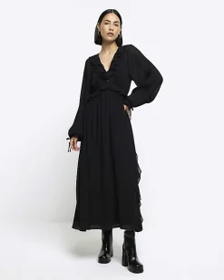 Black frill plisse sleeve swing midi dress