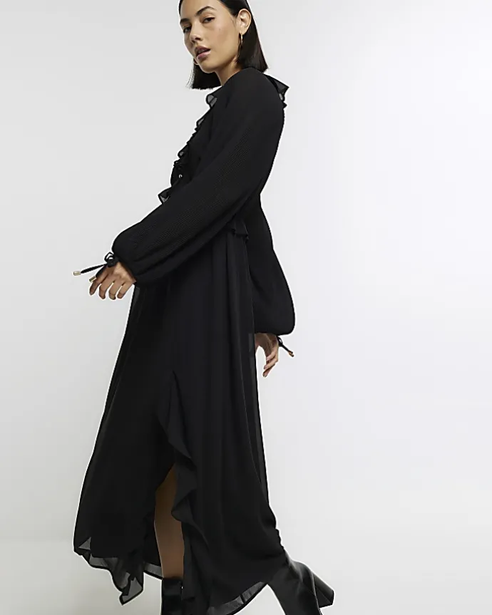 Black frill plisse sleeve swing midi dress