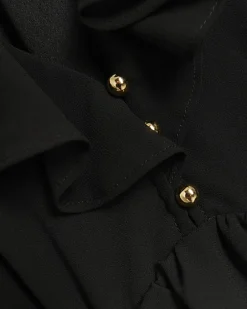 Black frill plisse sleeve swing midi dress