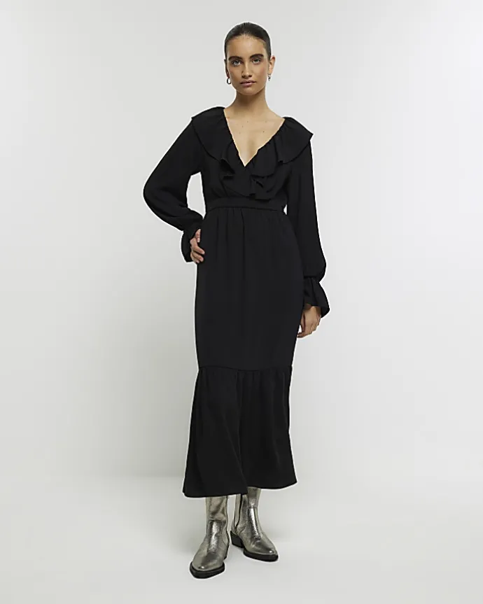 Black frill swing maxi dress