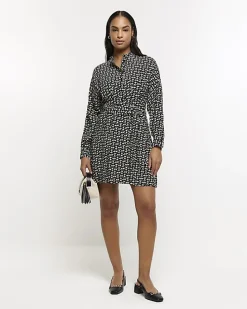 Black geometric belted mini shirt dress
