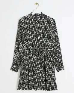 Black geometric belted mini shirt dress