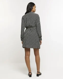 Black geometric belted mini shirt dress