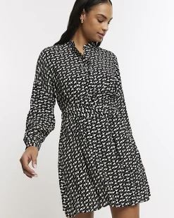 Black geometric belted mini shirt dress