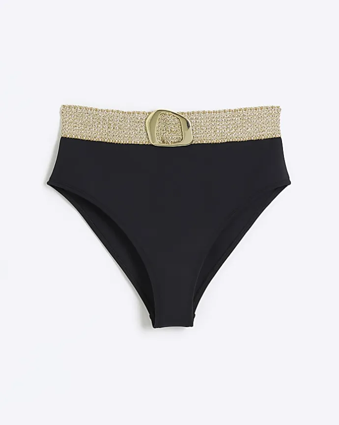 Black high waisted buckle bikini bottoms