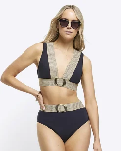 Black high waisted buckle bikini bottoms