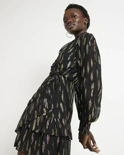 Black jacquard printed wrap mini dress