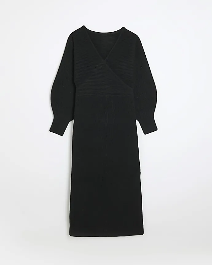 Black knit wrap jumper midi dress