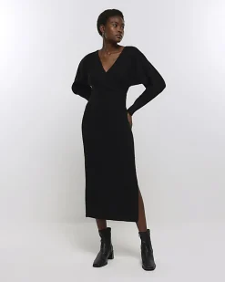 Black knit wrap jumper midi dress