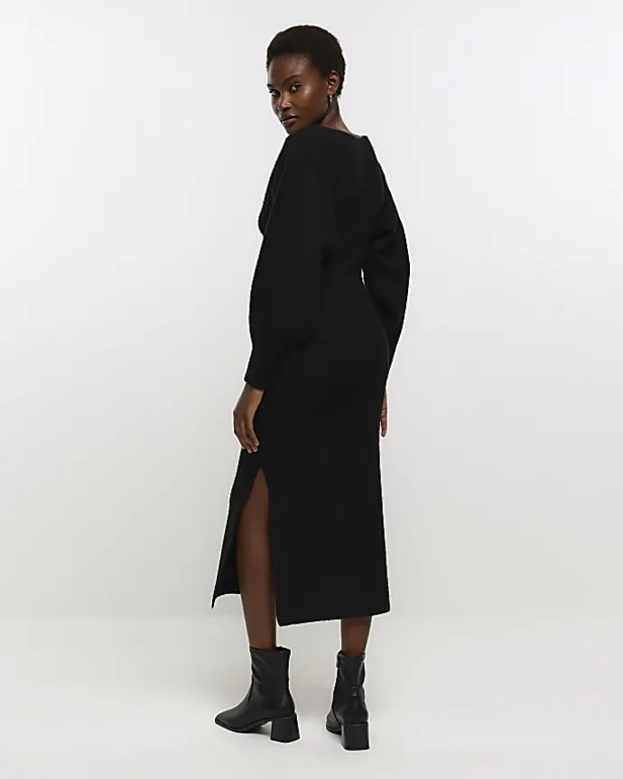 Black knit wrap jumper midi dress