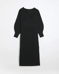 Black knit wrap jumper midi dress