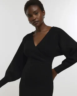 Black knit wrap jumper midi dress