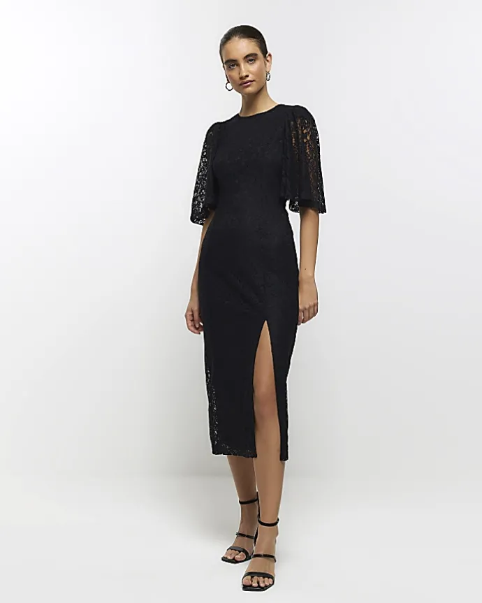 Black lace split hem bodycon midi dress