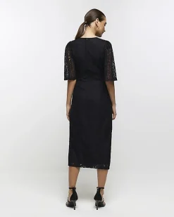 Black lace split hem bodycon midi dress
