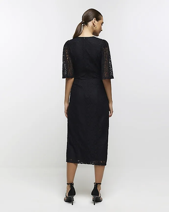 Black lace split hem bodycon midi dress