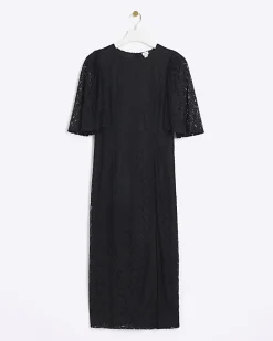 Black lace split hem bodycon midi dress