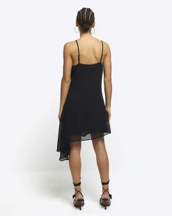 Black lace trim asymmetric slip mini dress