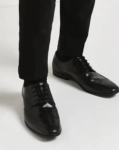 Black leather lace up brogue derby shoes