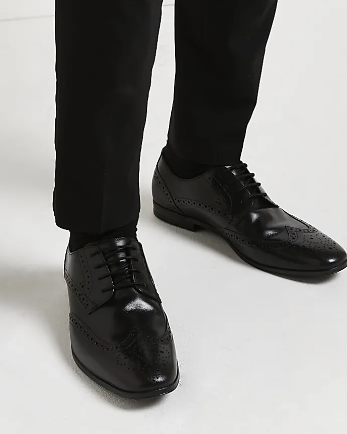 Black leather lace up brogue derby shoes