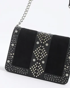 Black leather studded cross body bag