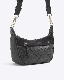 Black leather weave cross body bag