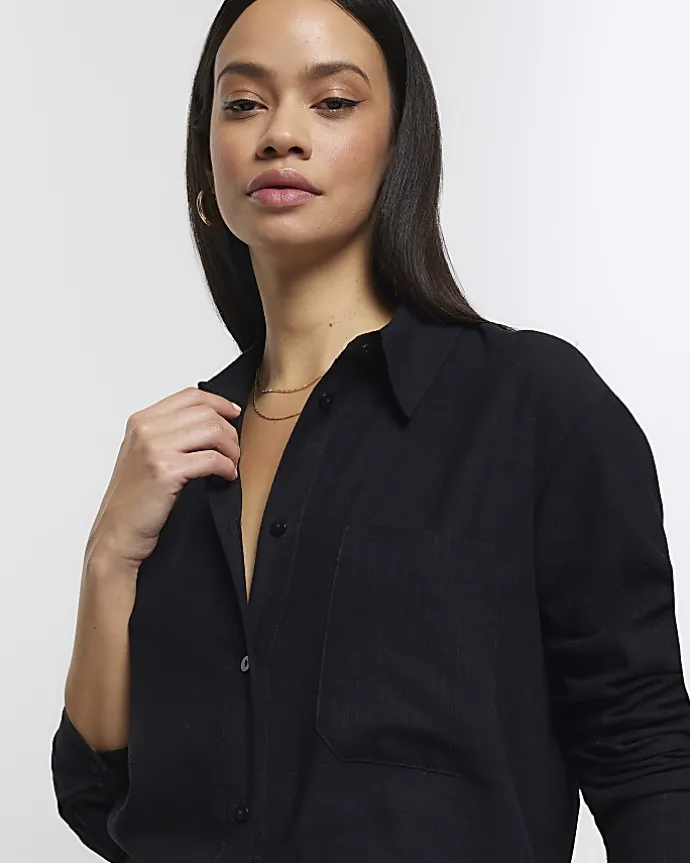 Black linen blend long sleeve shirt