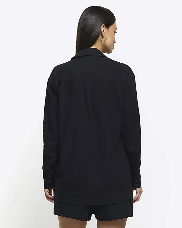 Black linen blend long sleeve shirt