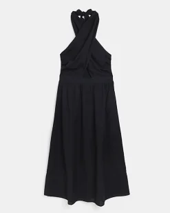 Black linen halter neck midi dress