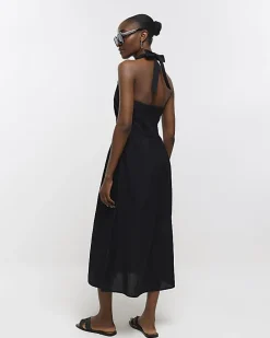 Black linen halter neck midi dress