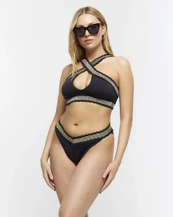 Black low rise sequin elastic bikini bottoms
