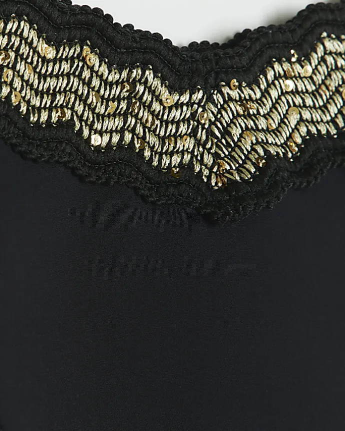 Black low rise sequin elastic bikini bottoms