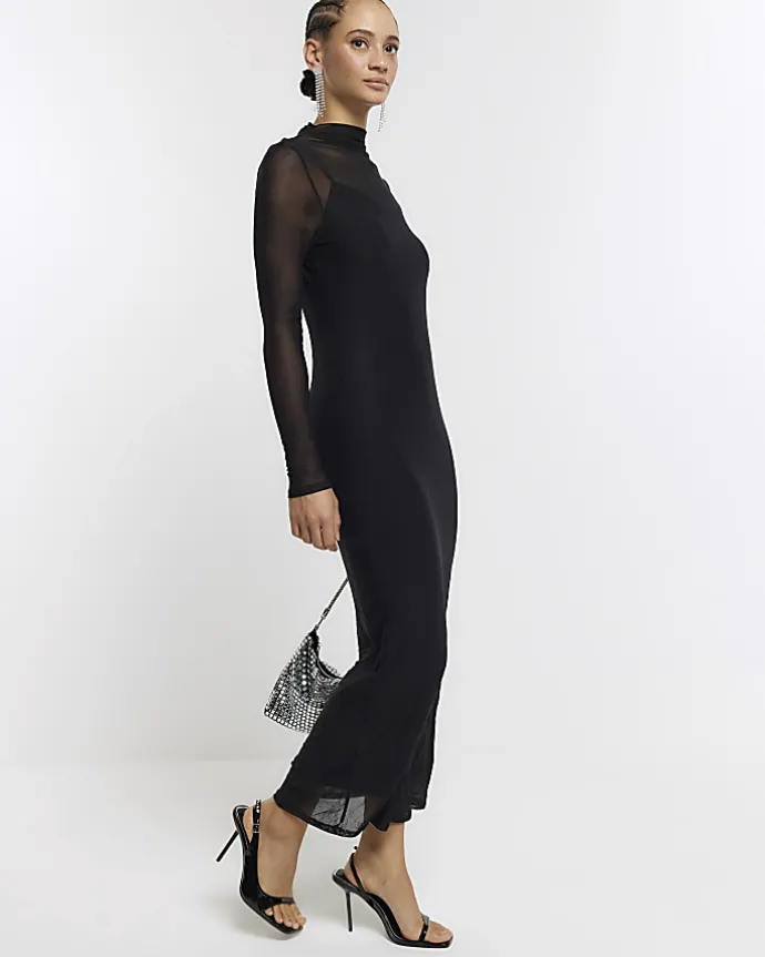 Black mesh bodycon maxi dress